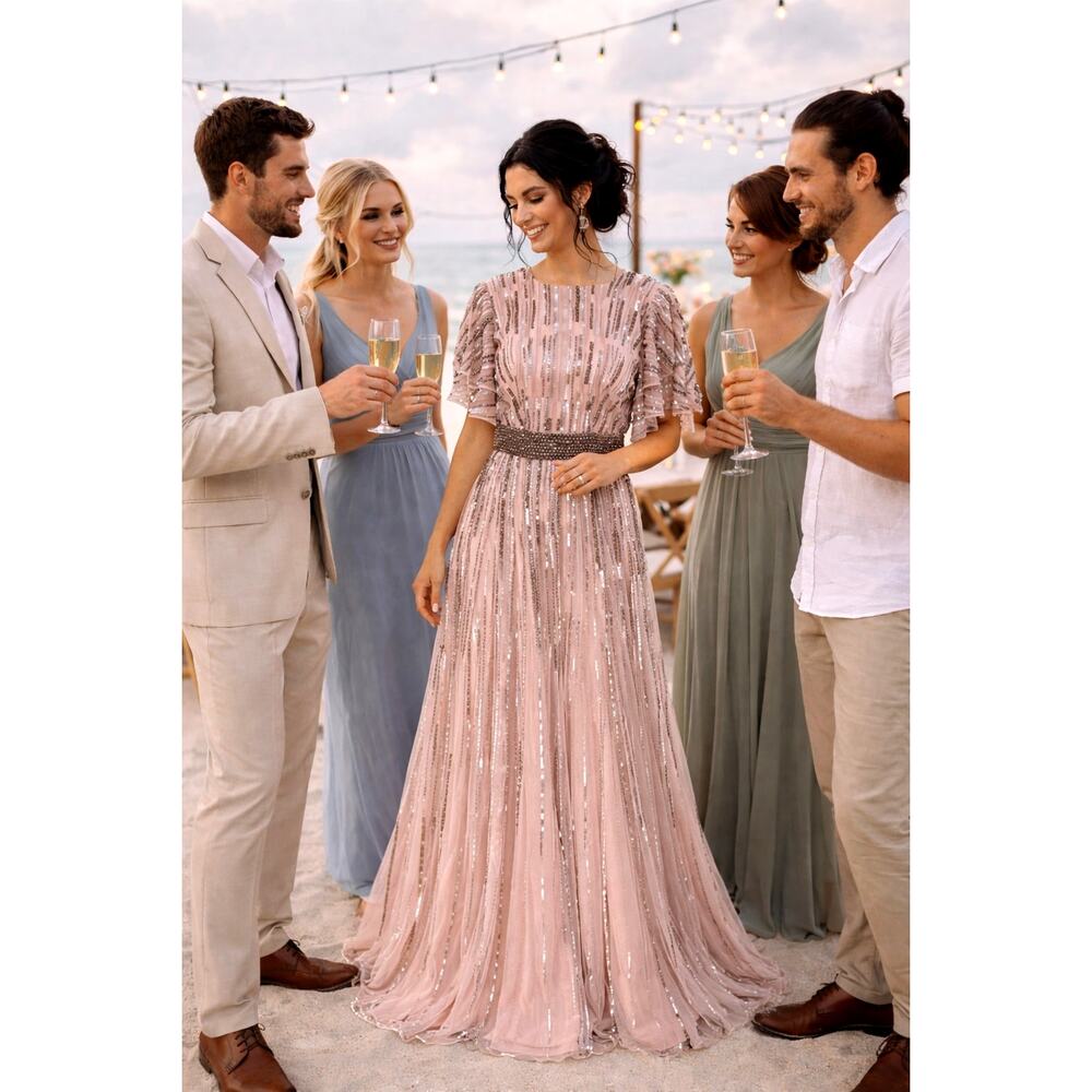 Mac Duggal Embellished Full Length Layered Sleeve Gown Vintage Rose 4